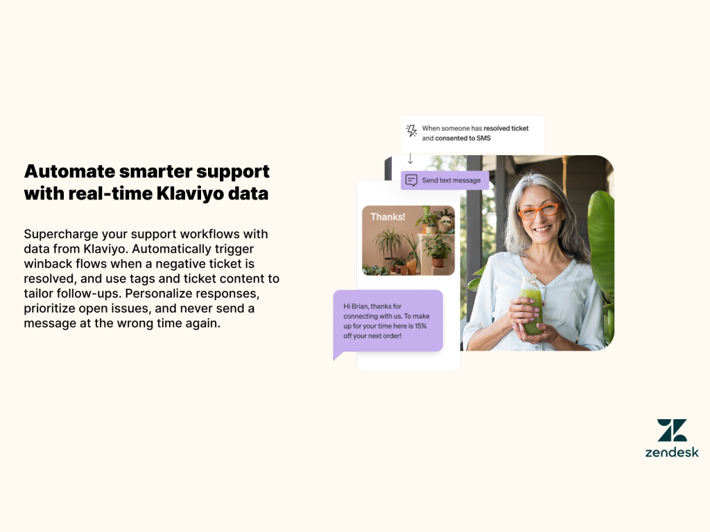 Klaviyo feature detail — Messaging app on the Zendesk Marketplace